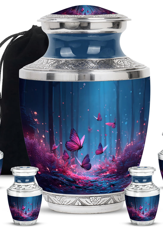 Pastel Blue Butterfly Cremation Urn lifestyle display on memorial shelf - contemporary butterfly design with modern artistic flair - memorial set with one large and four small urns