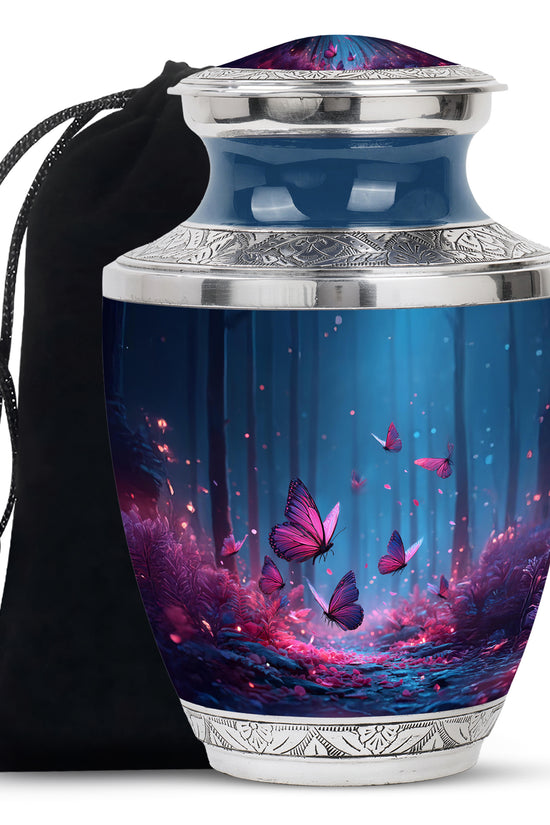 Pastel Blue Butterfly Cremation Urn side profile showing urn shape - modern art-inspired butterfly motif on sleek aluminum - full-size 10 inch 200 cubic inch adult cremation urn
