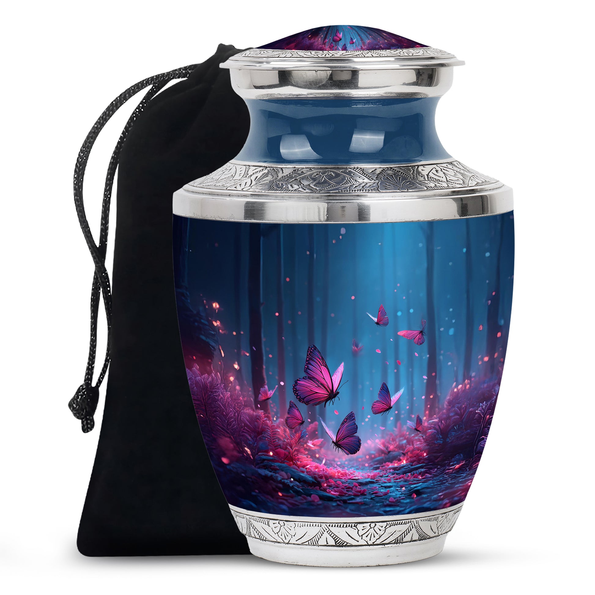 Pastel Blue Butterfly Cremation Urn side profile showing urn shape - modern art-inspired butterfly motif on sleek aluminum - full-size 10 inch 200 cubic inch adult cremation urn