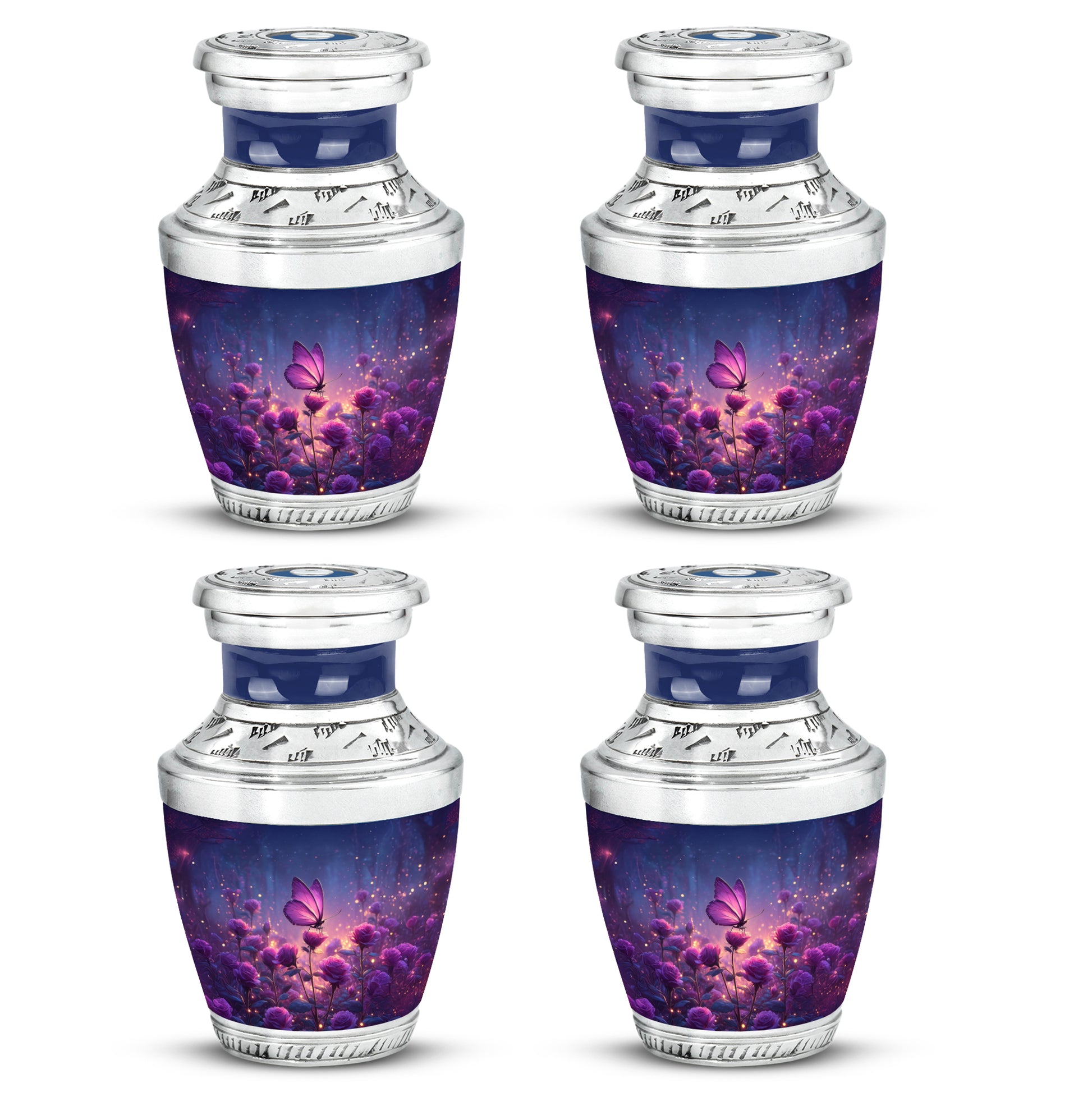Steel Blue Butterfly Cremation Urn back view with polished surface - stylized abstract butterfly pattern with bold lines - 10 inch aluminum urn for cremated remains