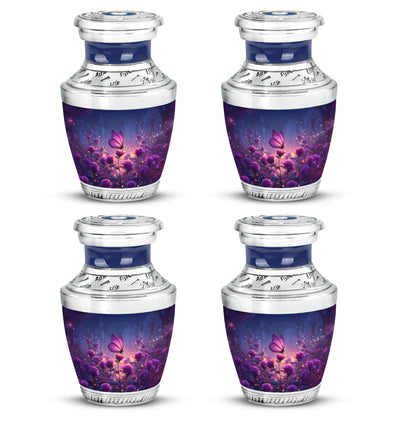 Steel Blue Butterfly Cremation Urn back view with polished surface - stylized abstract butterfly pattern with bold lines - 10 inch aluminum urn for cremated remains