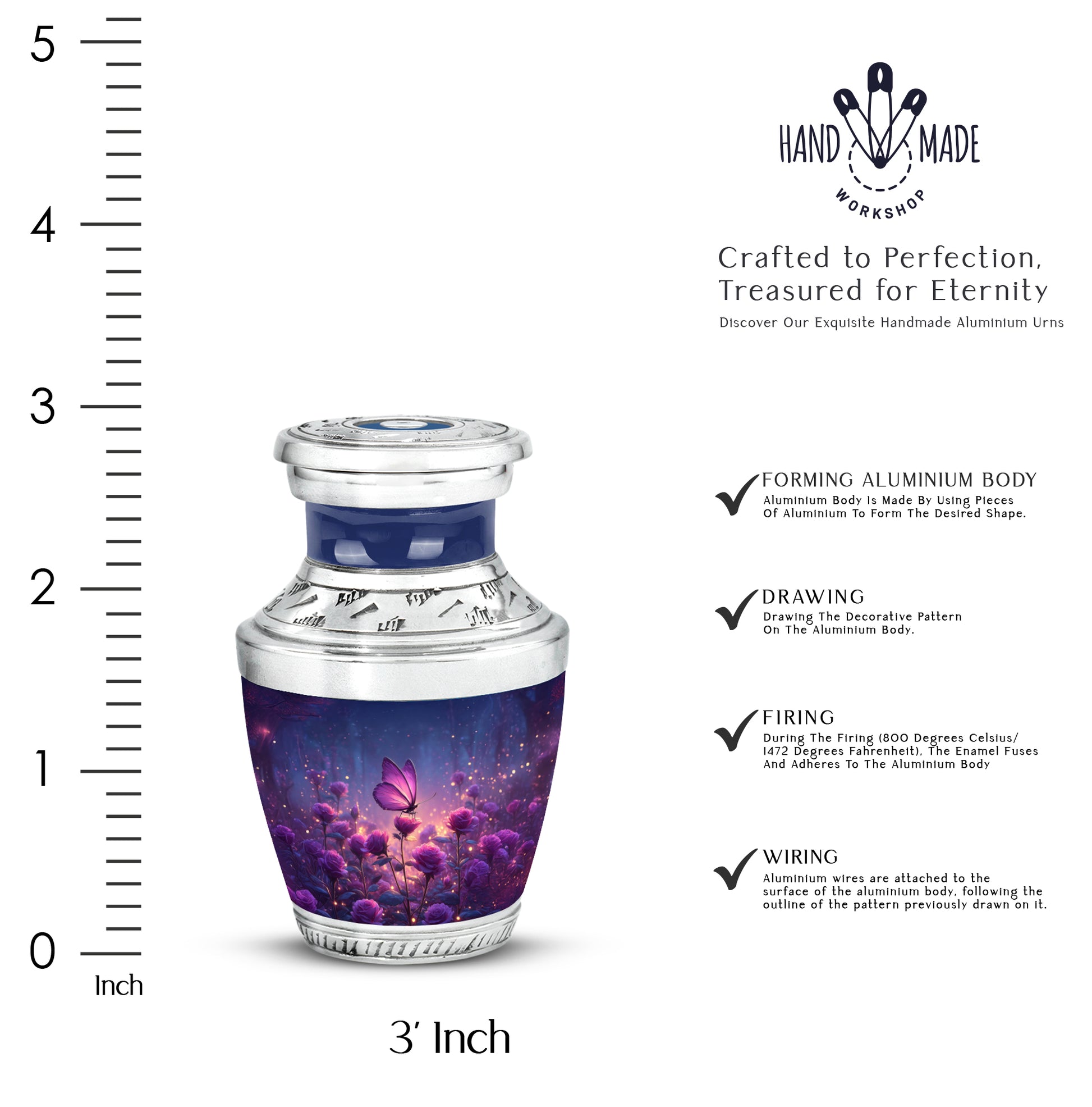 Icy Blue Butterfly Cremation Urn top-down view of secure threaded lid - contemporary butterfly design with modern artistic flair - mini keepsake memorial for portion of cremation ashes