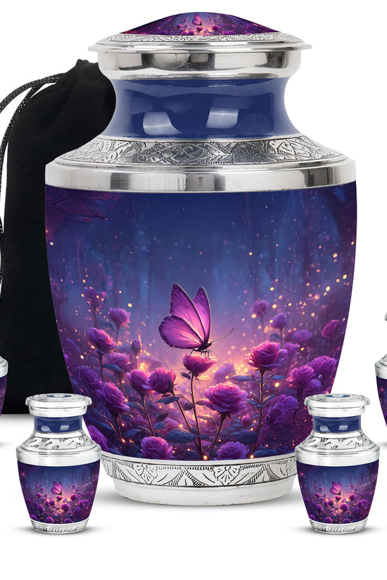 Serene Blue Butterfly Cremation Urn lifestyle display on memorial shelf - stylized abstract butterfly pattern with bold lines - memorial set with one large and four small urns