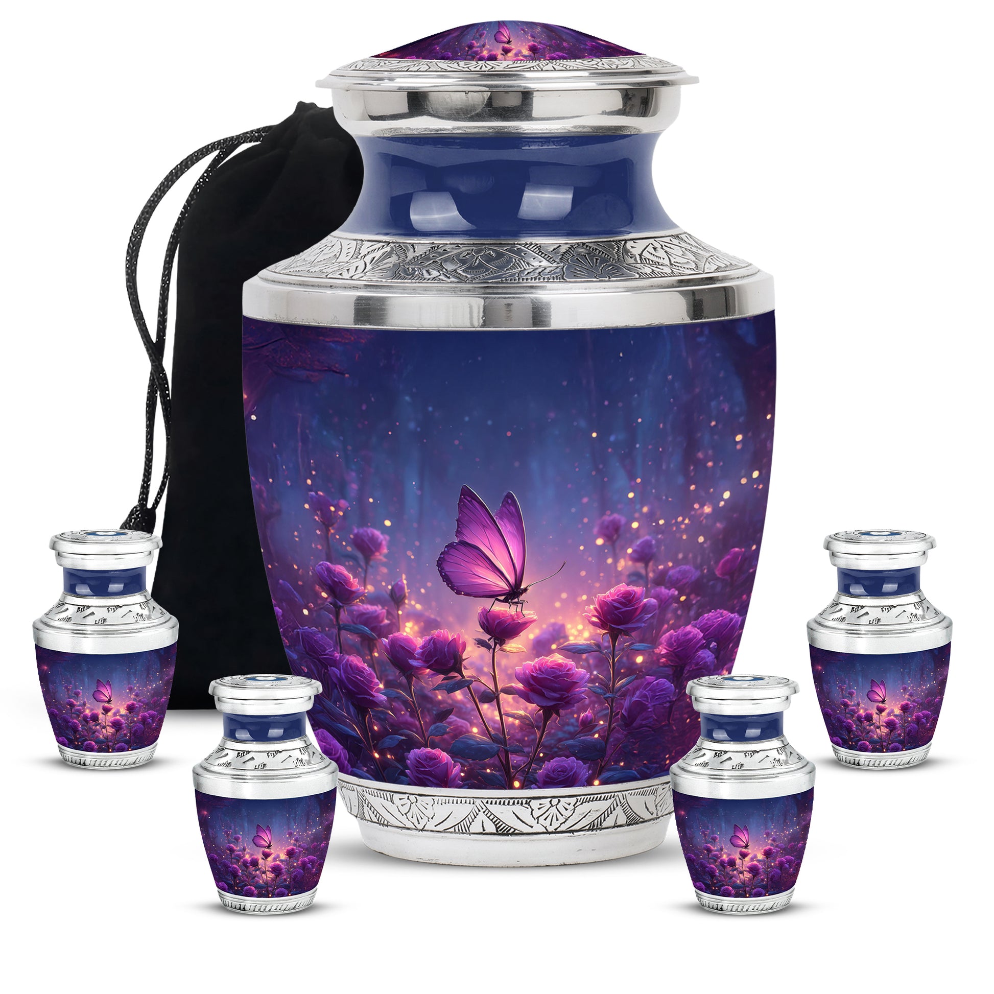 Serene Blue Butterfly Cremation Urn lifestyle display on memorial shelf - stylized abstract butterfly pattern with bold lines - memorial set with one large and four small urns