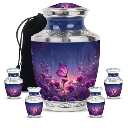 Serene Blue Butterfly Cremation Urn lifestyle display on memorial shelf - stylized abstract butterfly pattern with bold lines - memorial set with one large and four small urns