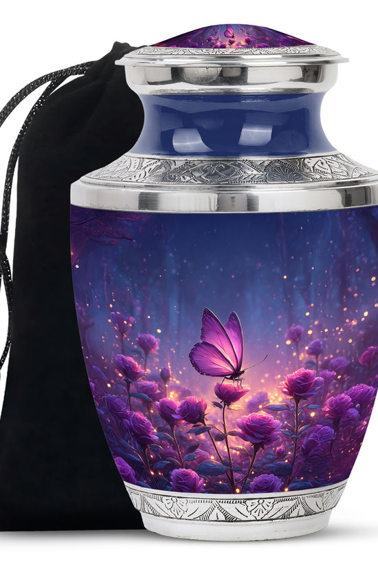 Royal Blue Butterfly Cremation Urn side profile showing urn shape - stylized abstract butterfly pattern with bold lines - full-size 10 inch 200 cubic inch adult cremation urn