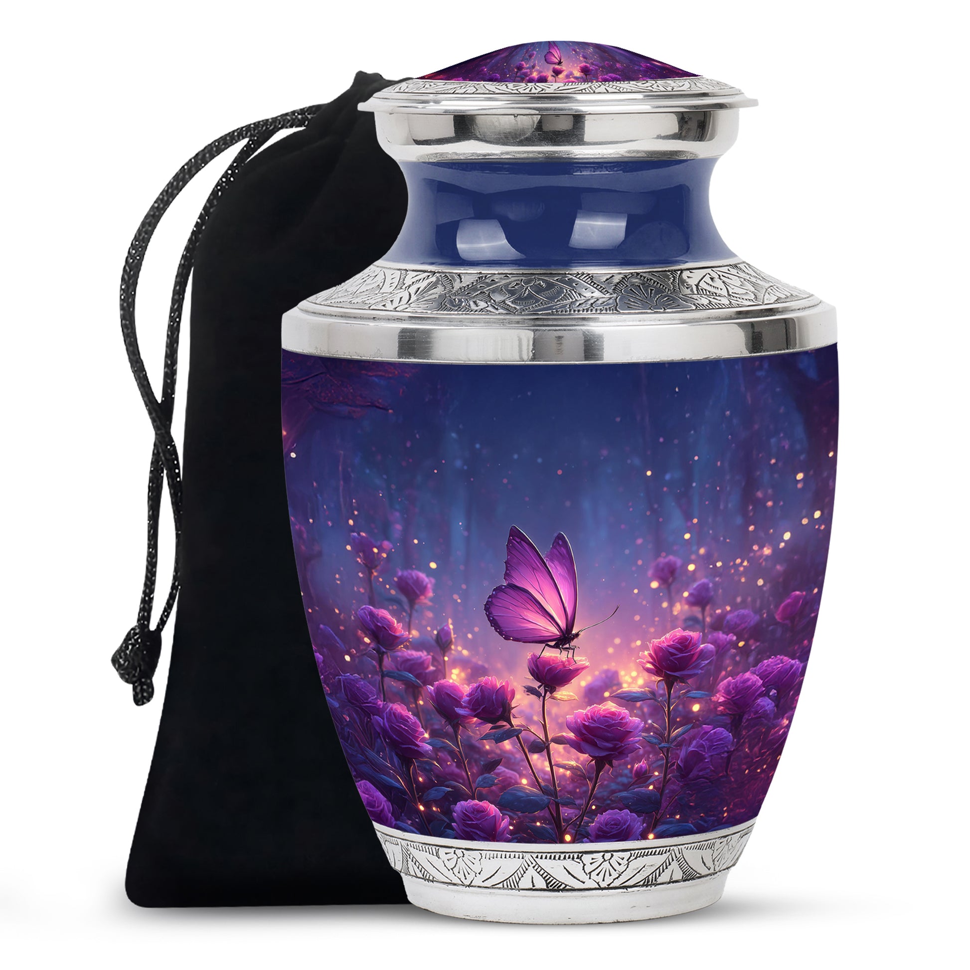 Royal Blue Butterfly Cremation Urn side profile showing urn shape - stylized abstract butterfly pattern with bold lines - full-size 10 inch 200 cubic inch adult cremation urn