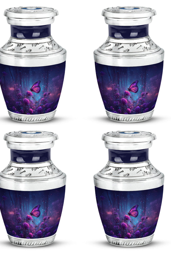 Cornflower Blue Butterfly Cremation Urn back view with polished surface - stylized abstract butterfly pattern with bold lines - 10 inch aluminum urn for cremated remains