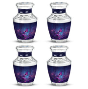 Cornflower Blue Butterfly Cremation Urn back view with polished surface - stylized abstract butterfly pattern with bold lines - 10 inch aluminum urn for cremated remains