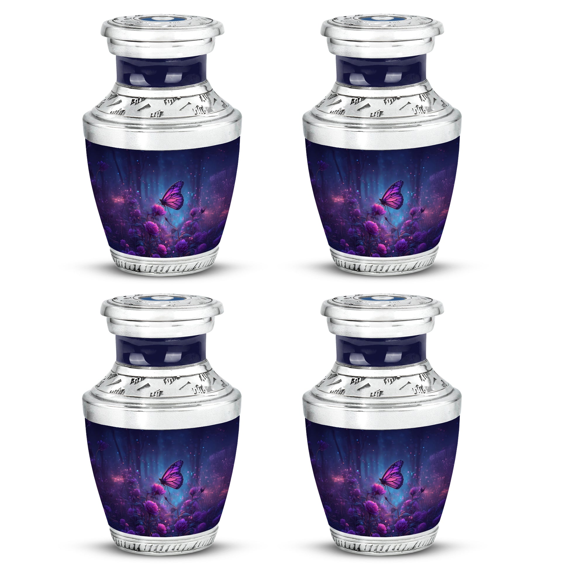 Cornflower Blue Butterfly Cremation Urn back view with polished surface - stylized abstract butterfly pattern with bold lines - 10 inch aluminum urn for cremated remains
