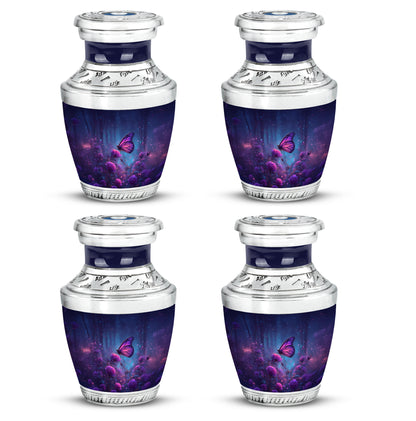Cornflower Blue Butterfly Cremation Urn back view with polished surface - stylized abstract butterfly pattern with bold lines - 10 inch aluminum urn for cremated remains