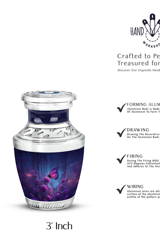 Calming Blue Butterfly Cremation Urn top-down view of secure threaded lid - artistic butterfly interpretation with creative detail - mini keepsake memorial for portion of cremation ashes