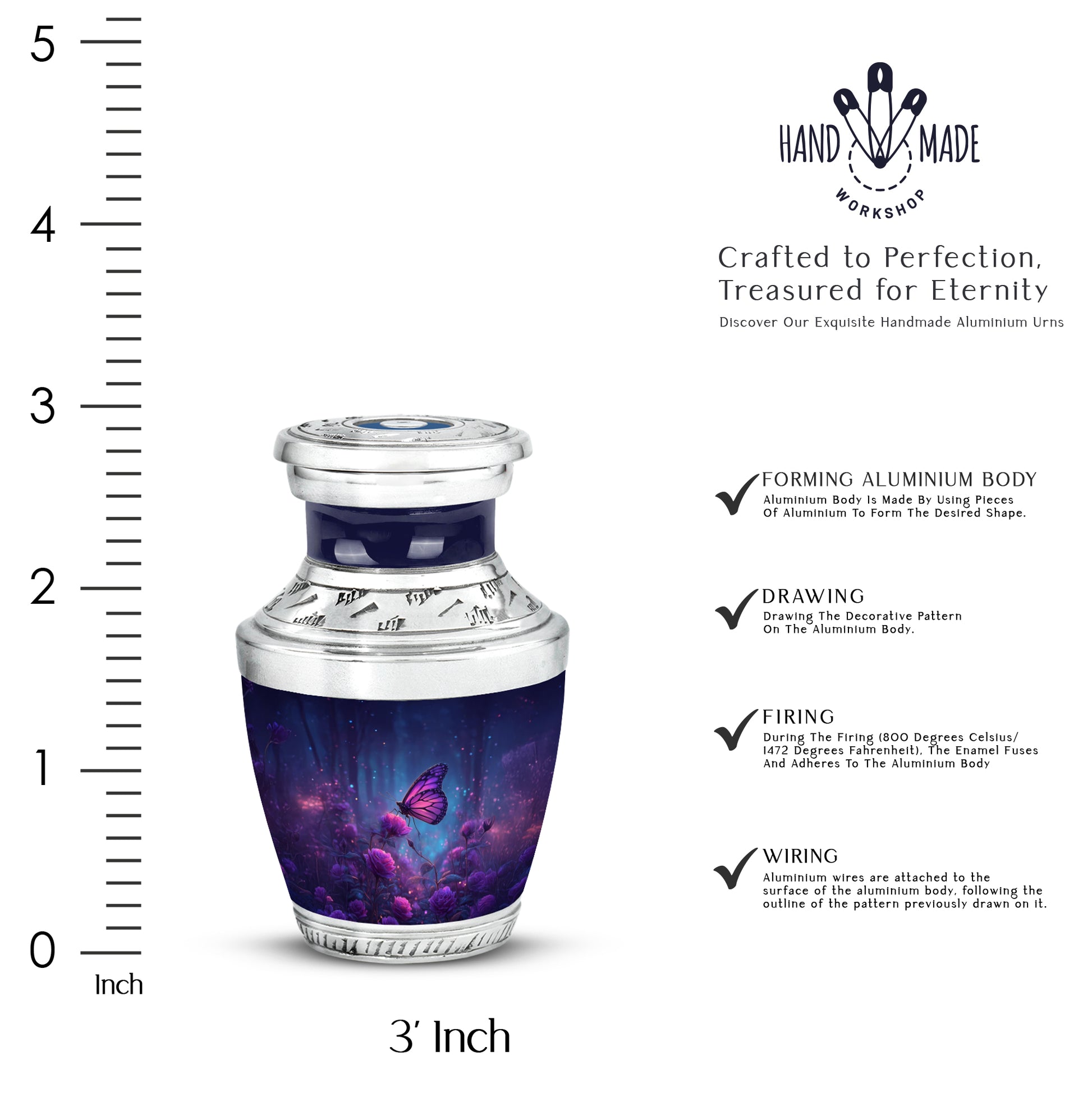 Calming Blue Butterfly Cremation Urn top-down view of secure threaded lid - artistic butterfly interpretation with creative detail - mini keepsake memorial for portion of cremation ashes