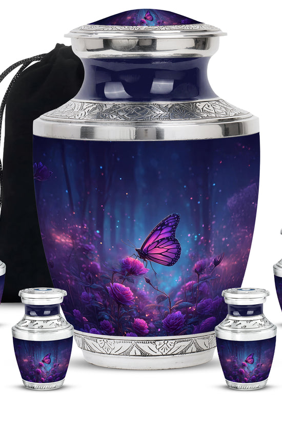 Sky Blue Butterfly Cremation Urn lifestyle display on memorial shelf - modern art-inspired butterfly motif on sleek aluminum - memorial set with one large and four small urns