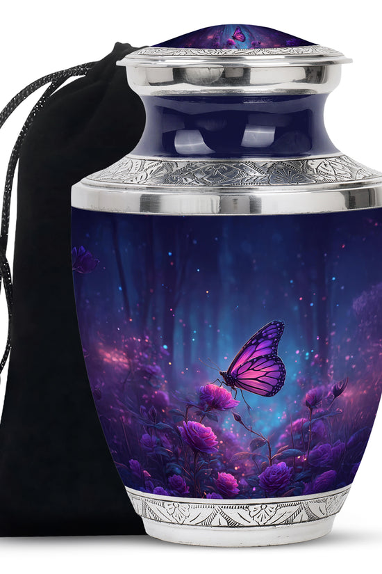 Sapphire Blue Butterfly Cremation Urn side profile showing urn shape - stylized abstract butterfly pattern with bold lines - full-size 10 inch 200 cubic inch adult cremation urn