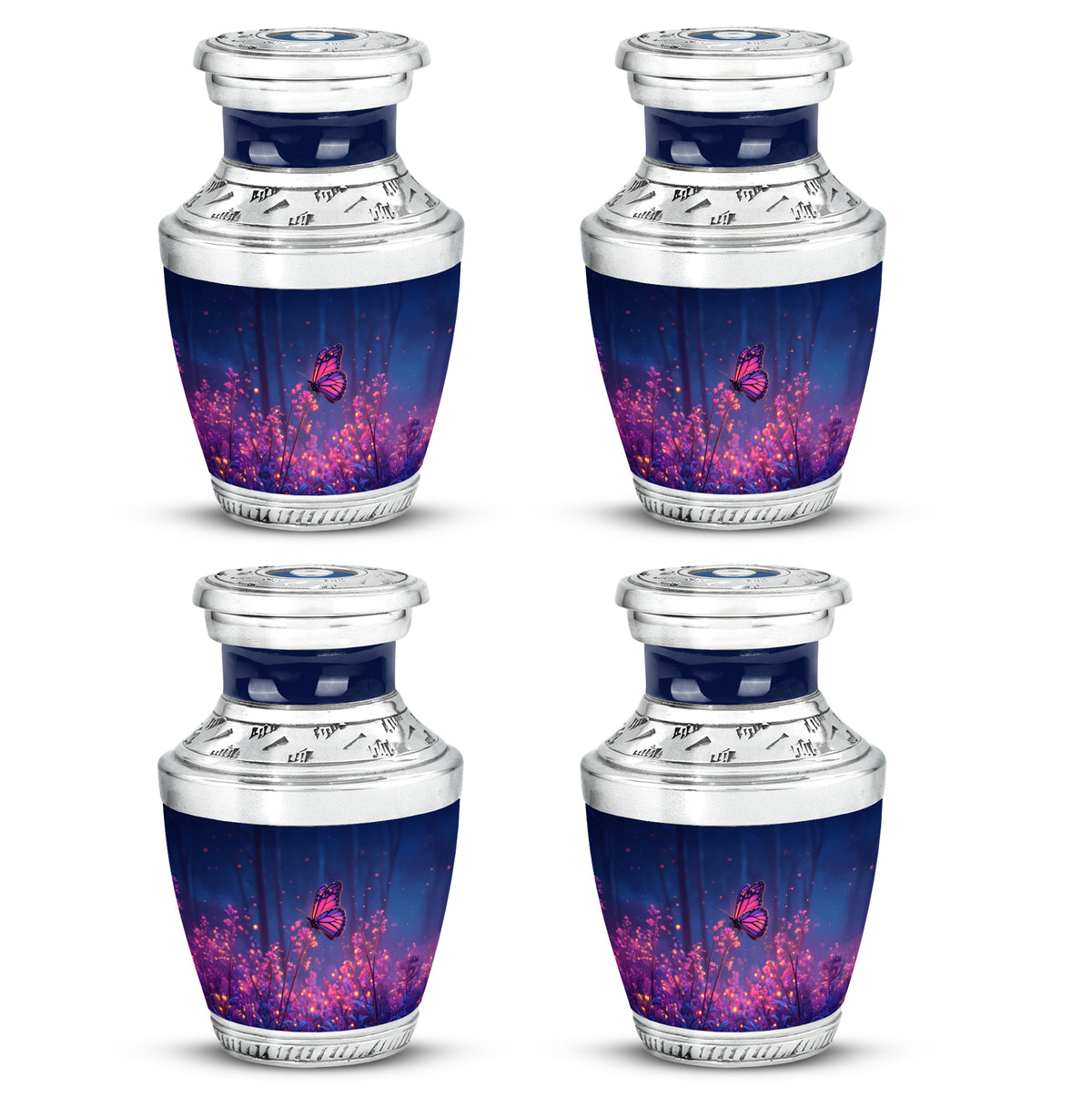 Bright Blue Butterfly Cremation Urn back view with polished surface - stylized abstract butterfly pattern with bold lines - 10 inch aluminum urn for cremated remains