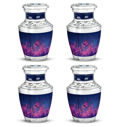 Bright Blue Butterfly Cremation Urn back view with polished surface - stylized abstract butterfly pattern with bold lines - 10 inch aluminum urn for cremated remains