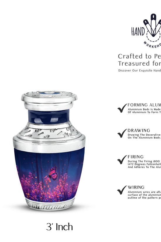 Misty Blue Butterfly Cremation Urn top-down view of secure threaded lid - modern art-inspired butterfly motif on sleek aluminum - mini keepsake memorial for portion of cremation ashes