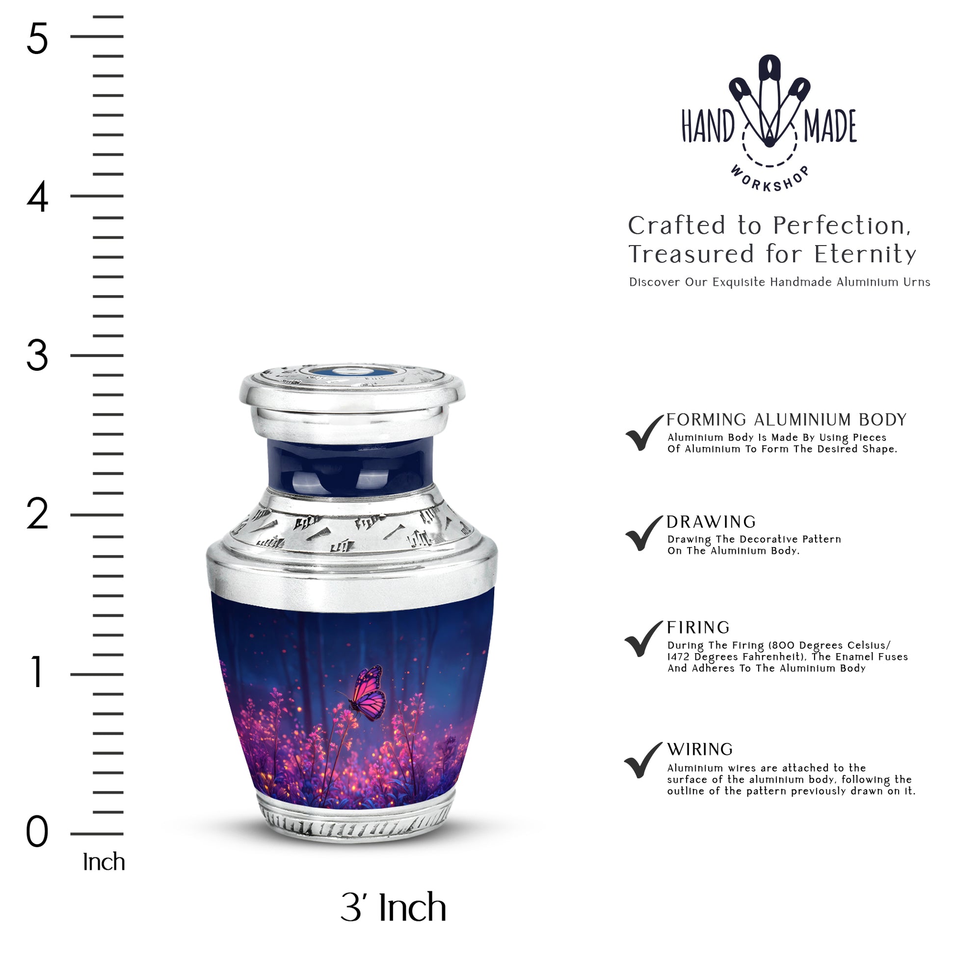 Misty Blue Butterfly Cremation Urn top-down view of secure threaded lid - modern art-inspired butterfly motif on sleek aluminum - mini keepsake memorial for portion of cremation ashes