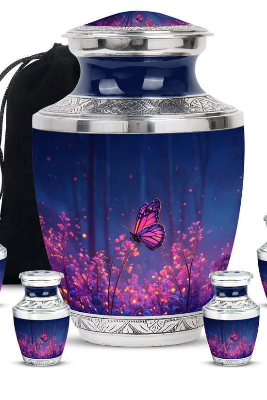 Cobalt Blue Butterfly Cremation Urn lifestyle display on memorial shelf - stylized abstract butterfly pattern with bold lines - memorial set with one large and four small urns