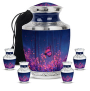 Cobalt Blue Butterfly Cremation Urn lifestyle display on memorial shelf - stylized abstract butterfly pattern with bold lines - memorial set with one large and four small urns