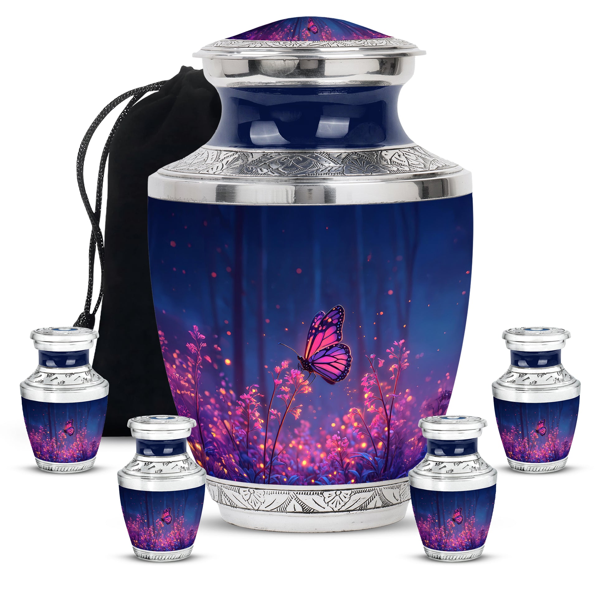 Cobalt Blue Butterfly Cremation Urn lifestyle display on memorial shelf - stylized abstract butterfly pattern with bold lines - memorial set with one large and four small urns