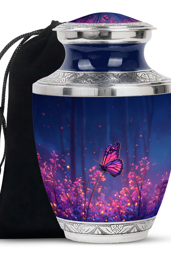 Calming Blue Butterfly Cremation Urn side profile showing urn shape - artistic butterfly interpretation with creative detail - full-size 10 inch 200 cubic inch adult cremation urn