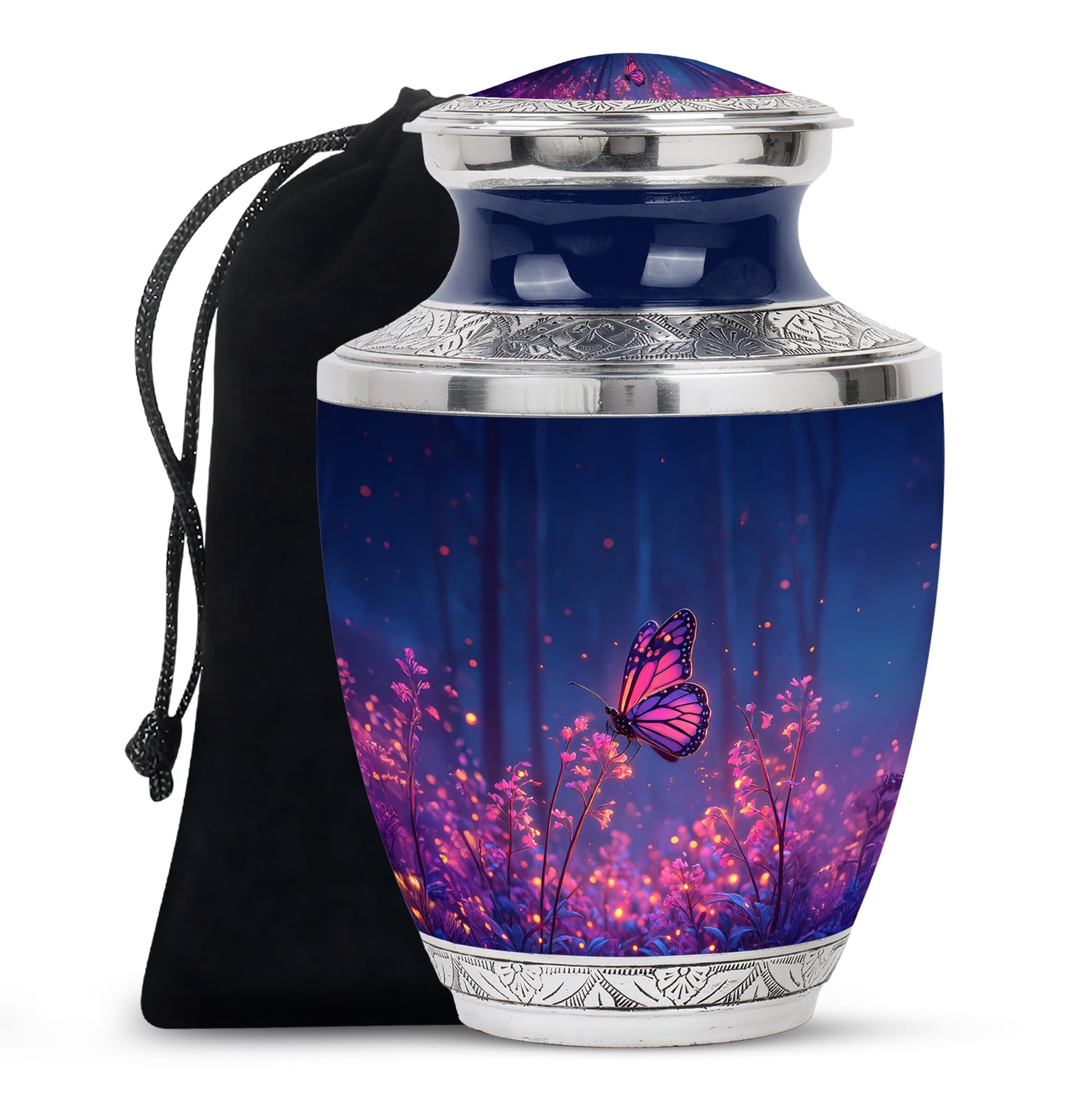 Calming Blue Butterfly Cremation Urn side profile showing urn shape - artistic butterfly interpretation with creative detail - full-size 10 inch 200 cubic inch adult cremation urn