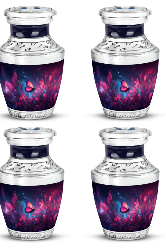 Navy Blue Butterfly Cremation Urn back view with polished surface - modern art-inspired butterfly motif on sleek aluminum - 10 inch aluminum urn for cremated remains