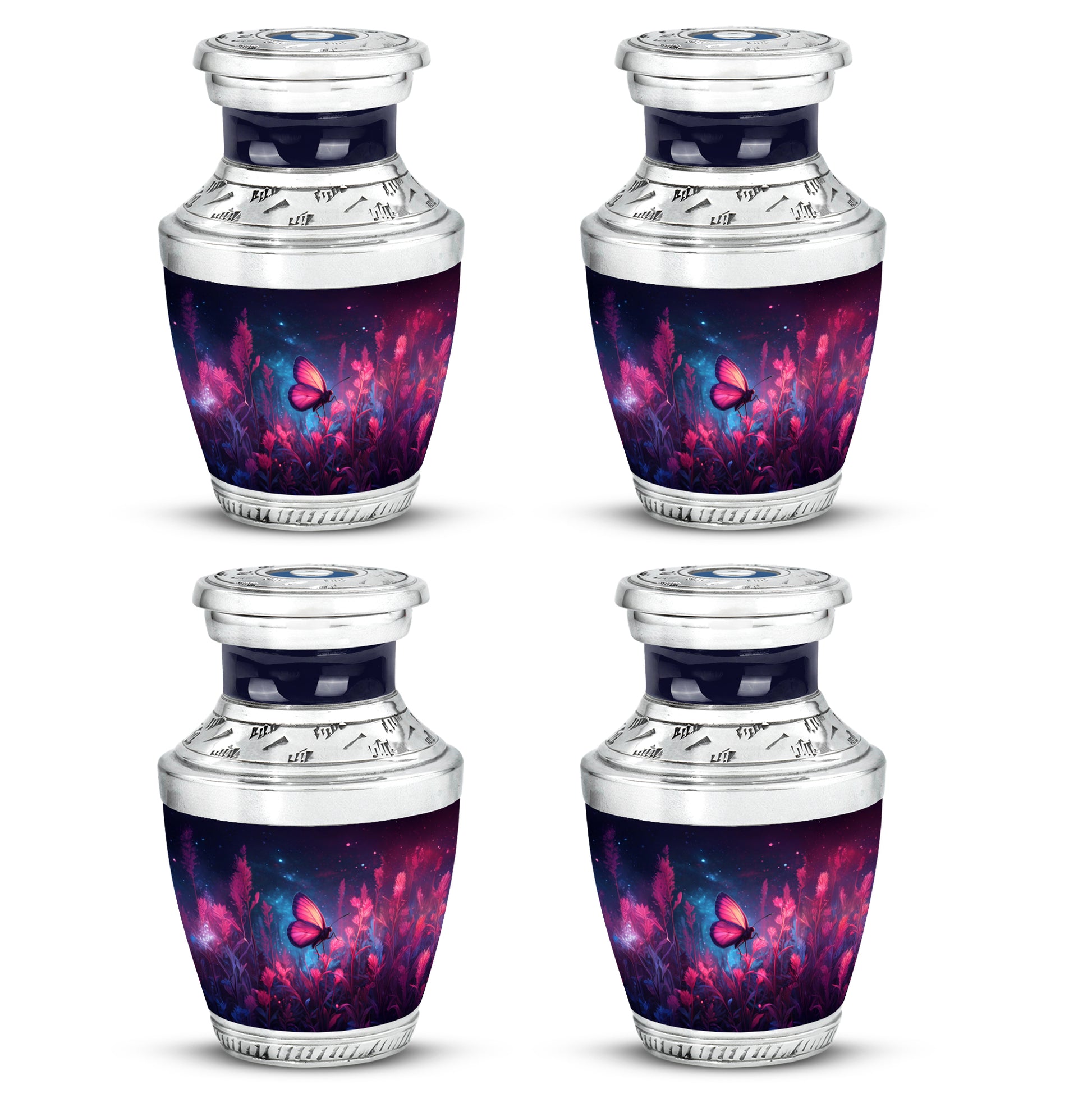 Navy Blue Butterfly Cremation Urn back view with polished surface - modern art-inspired butterfly motif on sleek aluminum - 10 inch aluminum urn for cremated remains