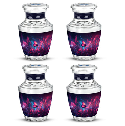 Navy Blue Butterfly Cremation Urn back view with polished surface - modern art-inspired butterfly motif on sleek aluminum - 10 inch aluminum urn for cremated remains