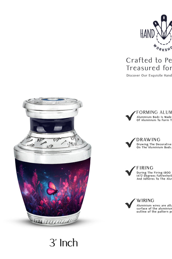 Serene Blue Butterfly Cremation Urn top-down view of secure threaded lid - stylized abstract butterfly pattern with bold lines - mini keepsake memorial for portion of cremation ashes