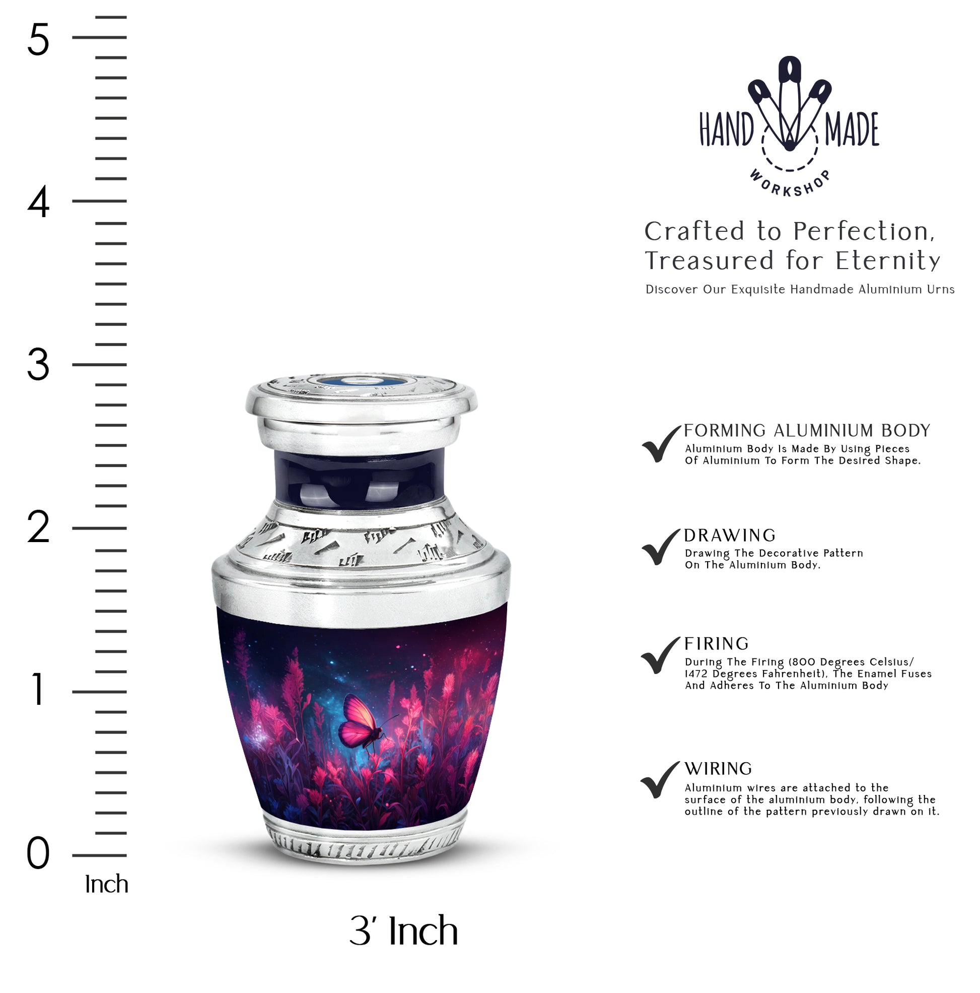 Serene Blue Butterfly Cremation Urn top-down view of secure threaded lid - stylized abstract butterfly pattern with bold lines - mini keepsake memorial for portion of cremation ashes