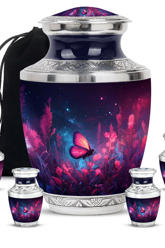 Soft Blue Butterfly Cremation Urn lifestyle display on memorial shelf - artistic butterfly interpretation with creative detail - memorial set with one large and four small urns