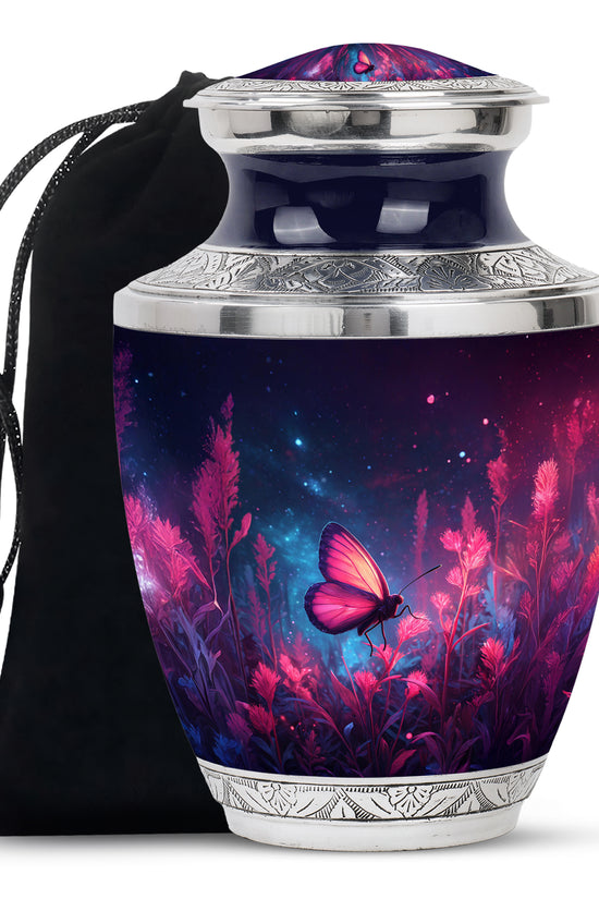 Steel Blue Butterfly Cremation Urn side profile showing urn shape - artistic butterfly interpretation with creative detail - full-size 10 inch 200 cubic inch adult cremation urn