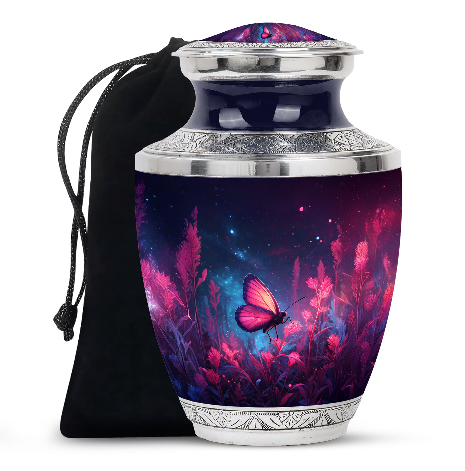 Steel Blue Butterfly Cremation Urn side profile showing urn shape - artistic butterfly interpretation with creative detail - full-size 10 inch 200 cubic inch adult cremation urn