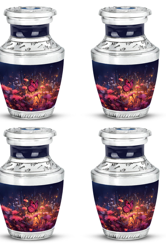Navy Blue Butterfly Cremation Urn back view with polished surface - contemporary butterfly design with modern artistic flair - 10 inch aluminum urn for cremated remains