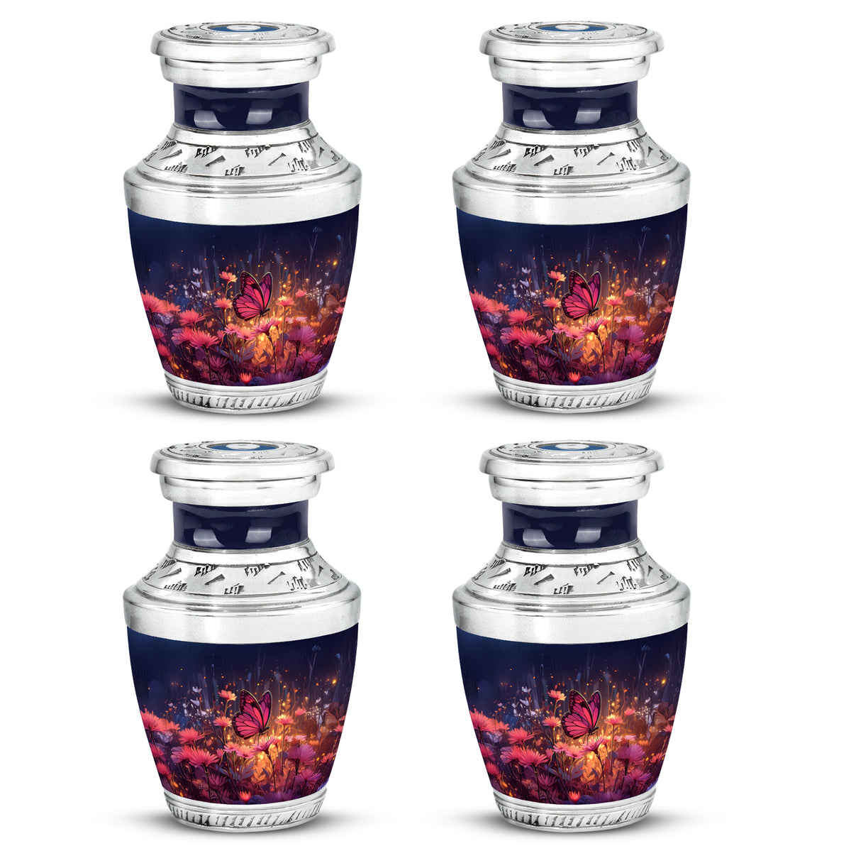 Navy Blue Butterfly Cremation Urn back view with polished surface - contemporary butterfly design with modern artistic flair - 10 inch aluminum urn for cremated remains