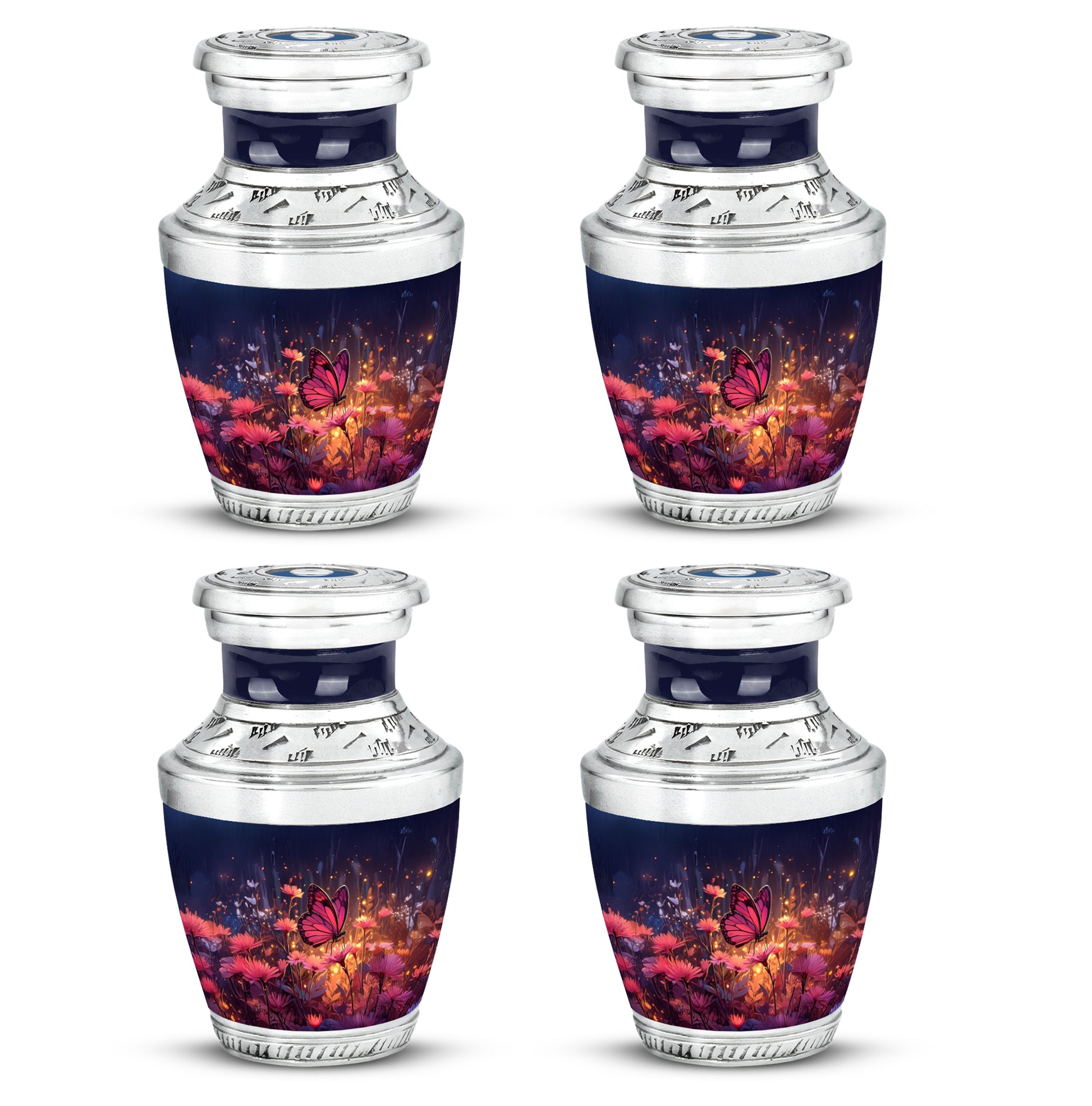 Navy Blue Butterfly Cremation Urn back view with polished surface - contemporary butterfly design with modern artistic flair - 10 inch aluminum urn for cremated remains