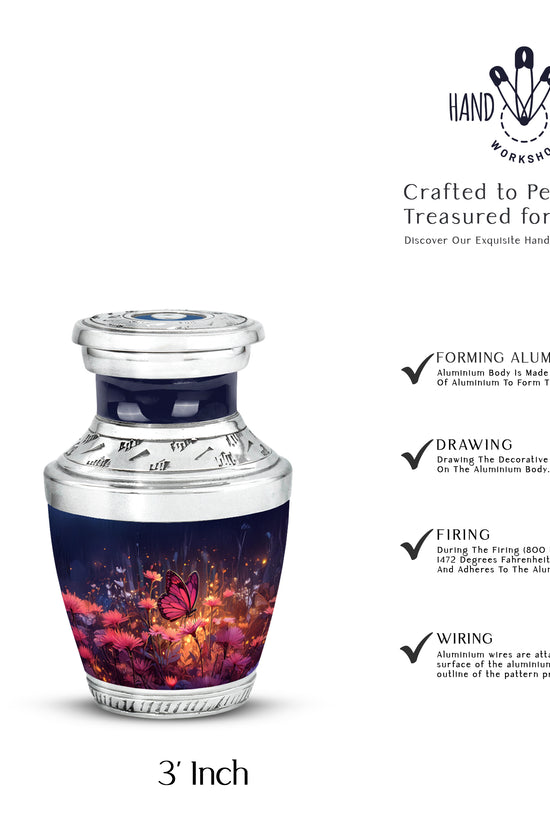 Vivid Blue Butterfly Cremation Urn top-down view of secure threaded lid - stylized abstract butterfly pattern with bold lines - mini keepsake memorial for portion of cremation ashes