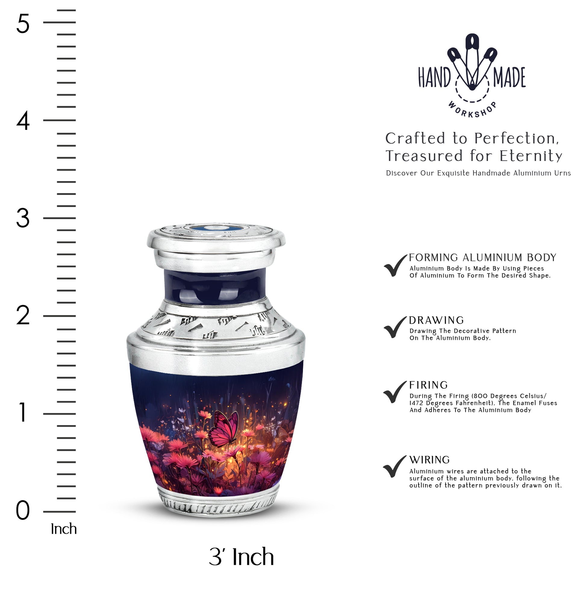 Vivid Blue Butterfly Cremation Urn top-down view of secure threaded lid - stylized abstract butterfly pattern with bold lines - mini keepsake memorial for portion of cremation ashes