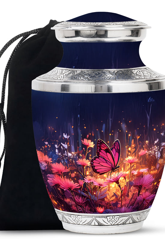 Navy Blue Butterfly Urn for Ashes – Elegant Floral Memorial For Ashes