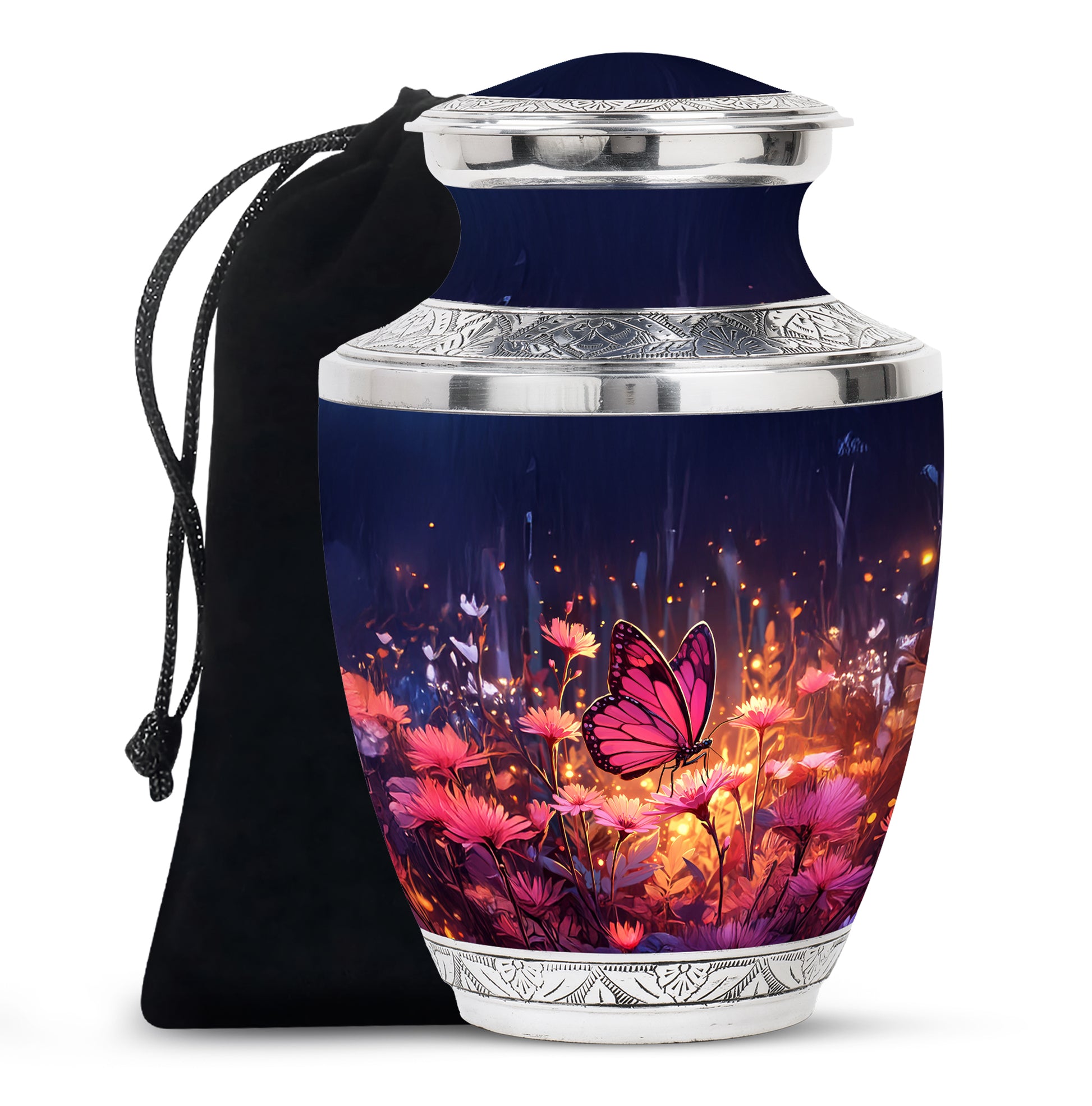 Navy Blue Butterfly Urn for Ashes – Elegant Floral Memorial For Ashes