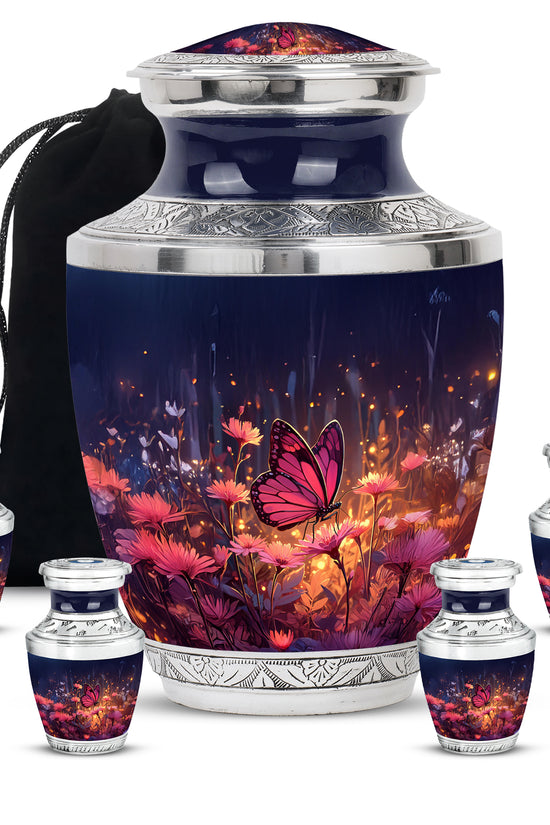 Soft Blue Butterfly Cremation Urn lifestyle display on memorial shelf - stylized abstract butterfly pattern with bold lines - memorial set with one large and four small urns