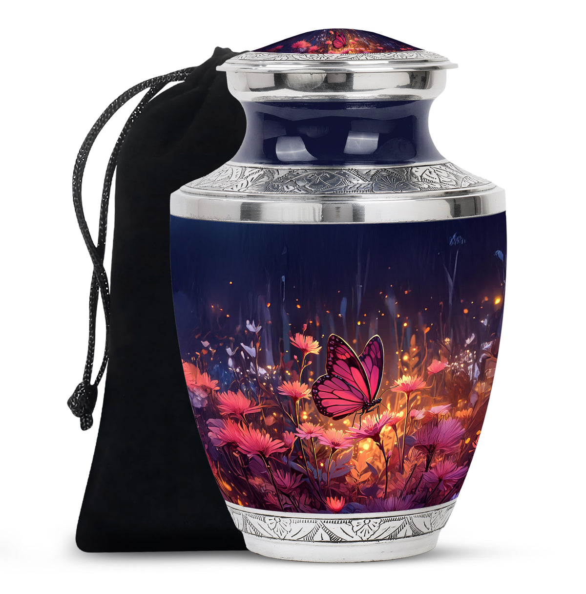 Powder Blue Butterfly Cremation Urn side profile showing urn shape - modern art-inspired butterfly motif on sleek aluminum - full-size 10 inch 200 cubic inch adult cremation urn