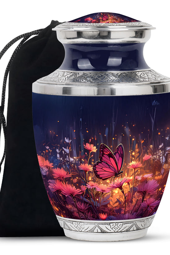 Powder Blue Butterfly Cremation Urn side profile showing urn shape - modern art-inspired butterfly motif on sleek aluminum - full-size 10 inch 200 cubic inch adult cremation urn