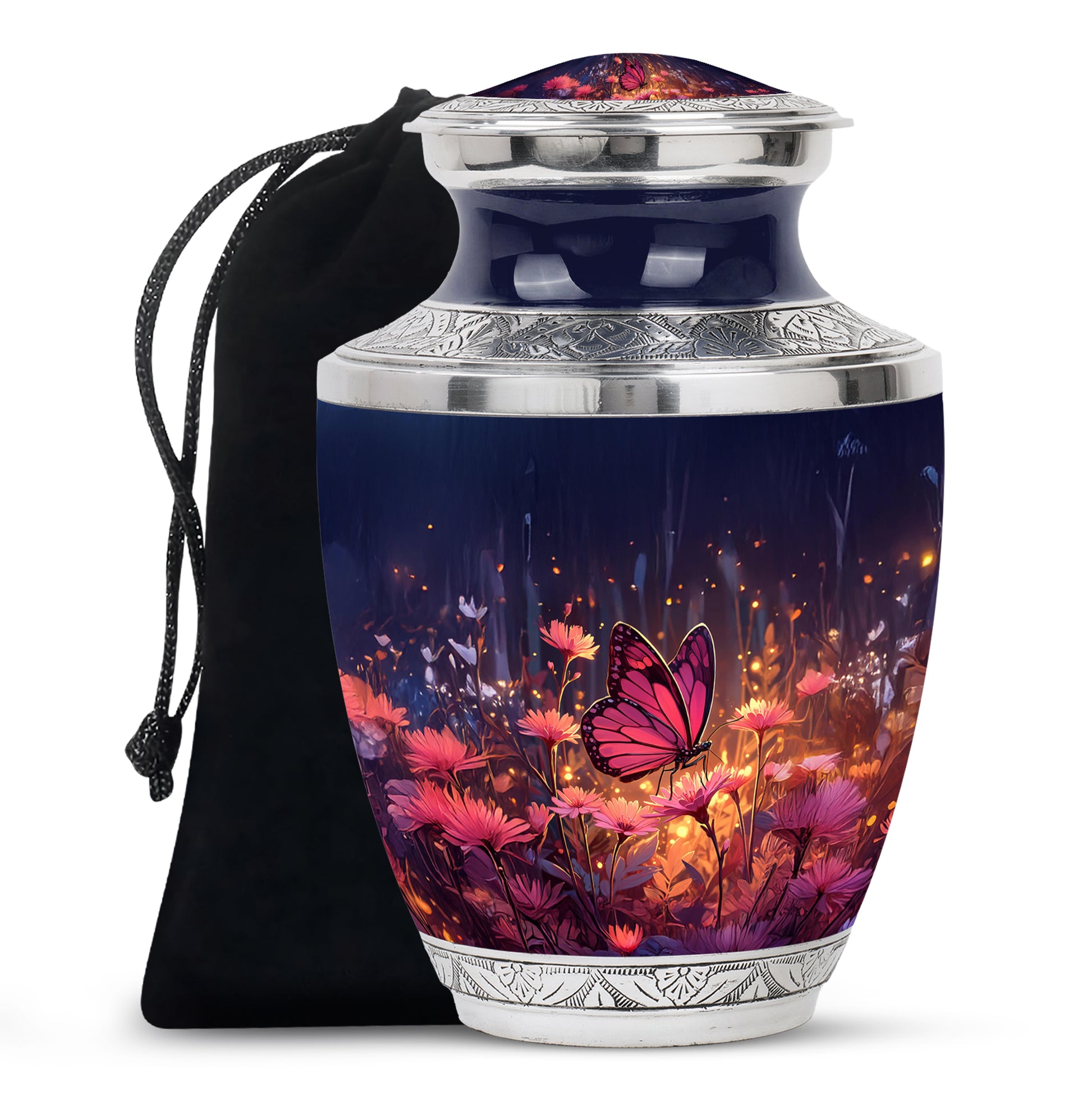 Powder Blue Butterfly Cremation Urn side profile showing urn shape - modern art-inspired butterfly motif on sleek aluminum - full-size 10 inch 200 cubic inch adult cremation urn