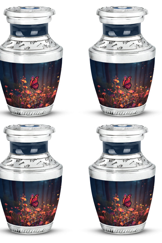 Misty Blue Butterfly Cremation Urn back view with polished surface - modern art-inspired butterfly motif on sleek aluminum - 10 inch aluminum urn for cremated remains