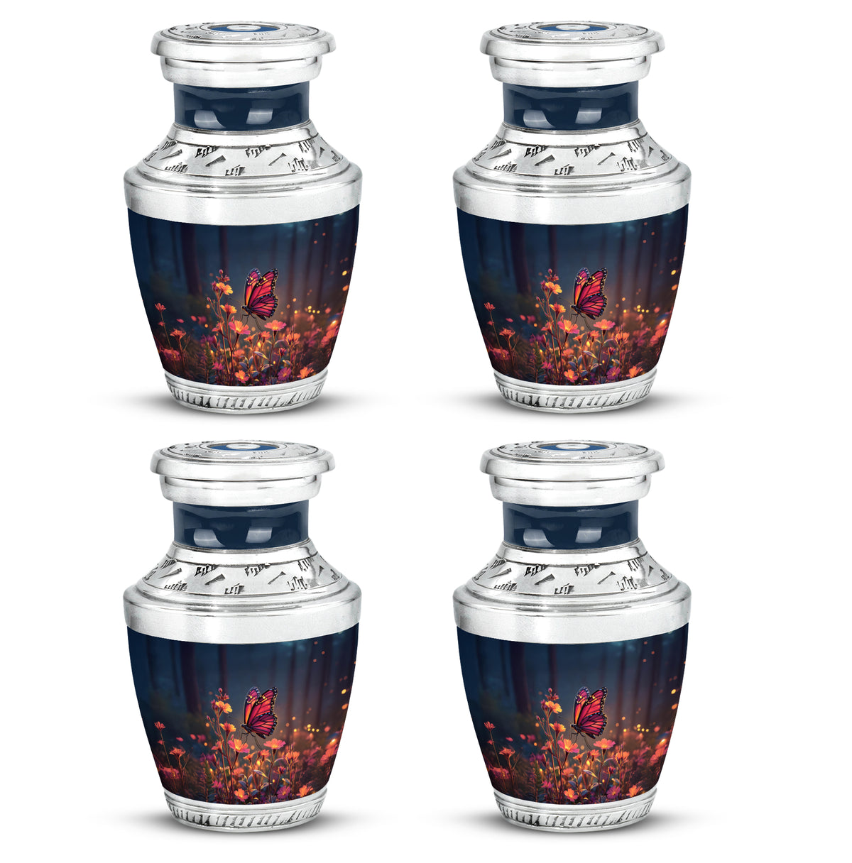 Misty Blue Butterfly Cremation Urn back view with polished surface - modern art-inspired butterfly motif on sleek aluminum - 10 inch aluminum urn for cremated remains