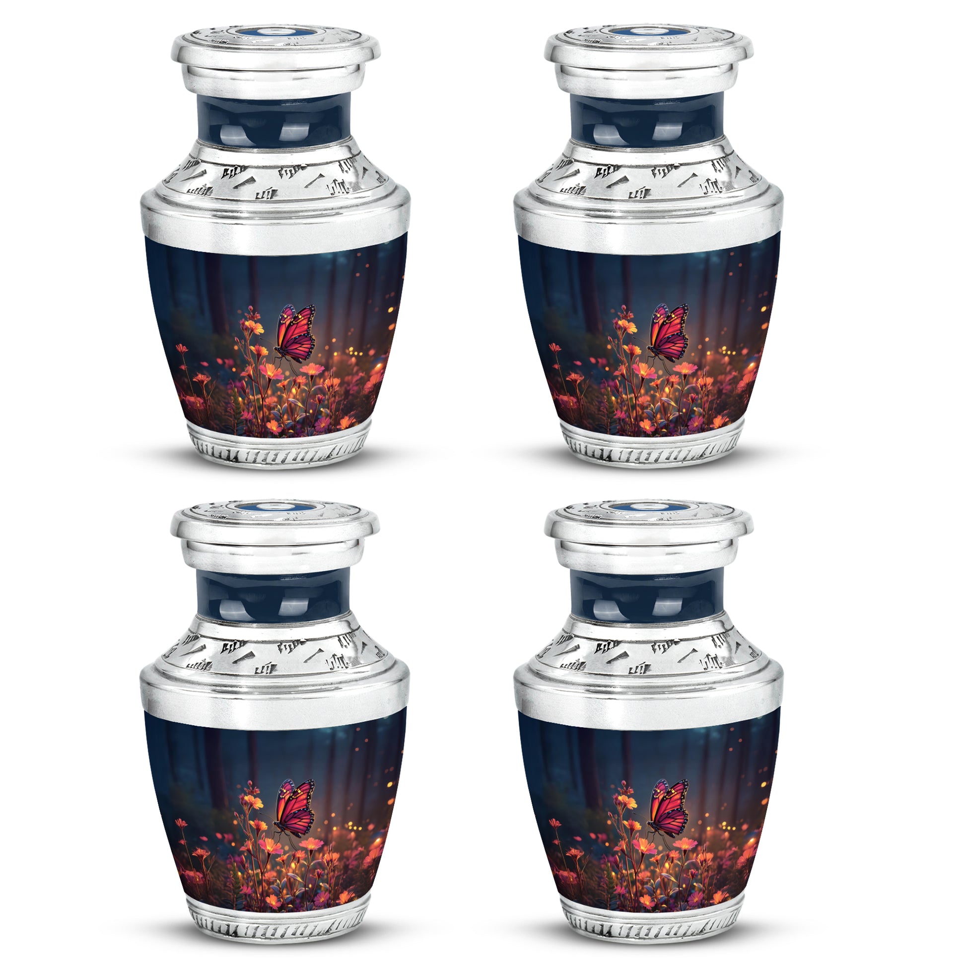 Misty Blue Butterfly Cremation Urn back view with polished surface - modern art-inspired butterfly motif on sleek aluminum - 10 inch aluminum urn for cremated remains